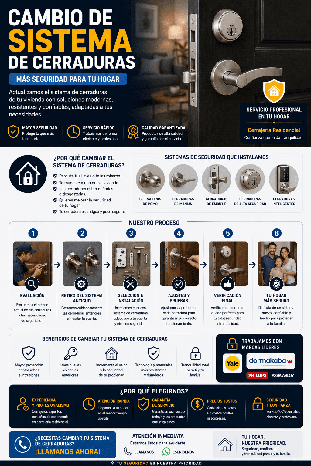 Banner promocional de cerrajería residencial que explica el protocolo para sustituir cerraduras antiguas por sistemas digitales o de alta seguridad multipunto con marcas como Yale y Phillips.