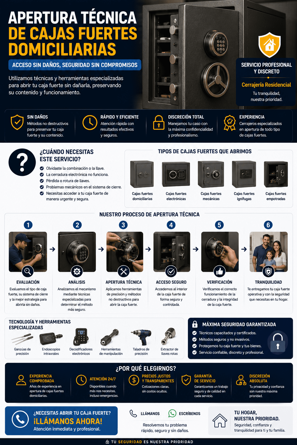 Banner promocional de cerrajería especializada que explica el protocolo para abrir cajas fuertes electrónicas y mecánicas bloqueadas mediante decodificadores, endoscopios y ganzúas de alta precisión.
