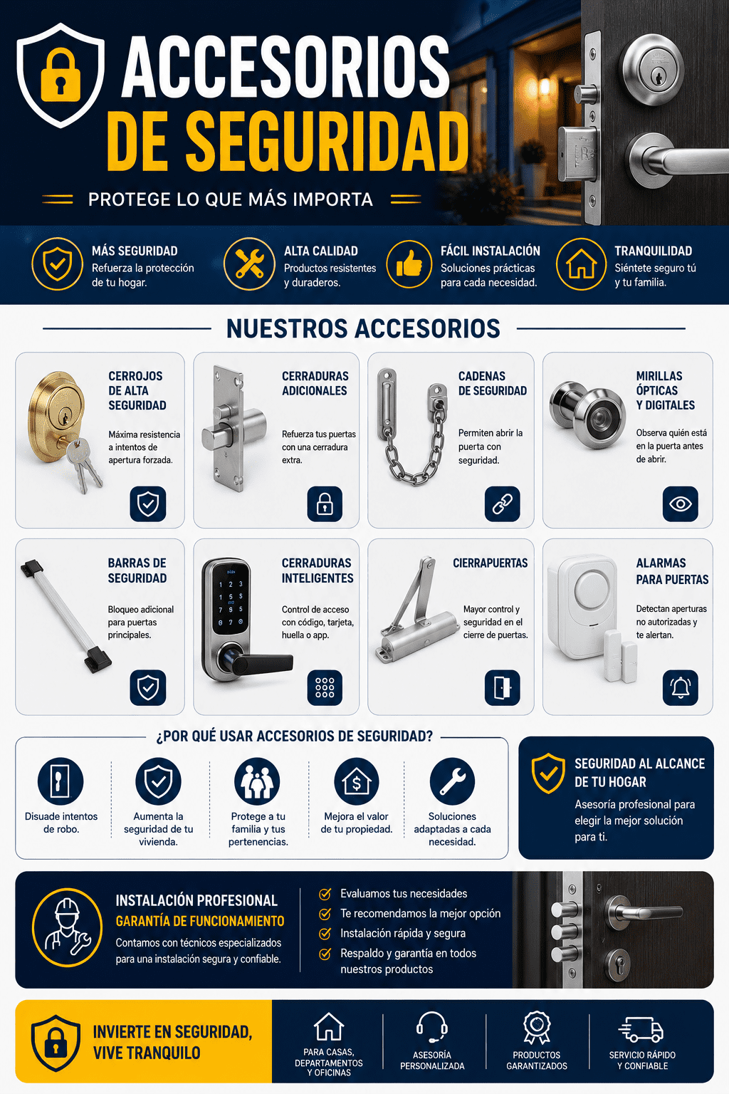 Banner promocional de ferretería y cerrajería residencial que ilustra complementos de protección física como mirillas digitales, cadenas retenedoras, cierrapuertas hidráulicos y cerrojos auxiliares.