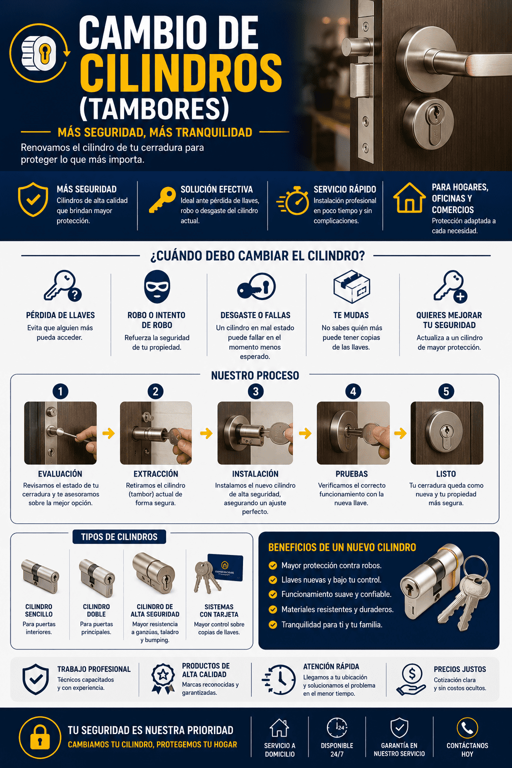 Banner promocional de cerrajería residencial y comercial que explica el proceso para sustituir un bombín de llave desgastado, instalar cilindros antibumping y renovar el sistema de llaves de una propiedad.