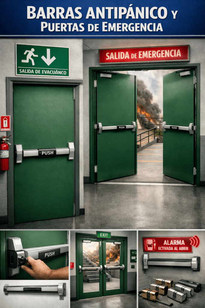 Infografía de puertas de emergencia verdes equipadas con barras antipánico, mostrando salidas de evacuación simples y dobles con señalización y alarmas.