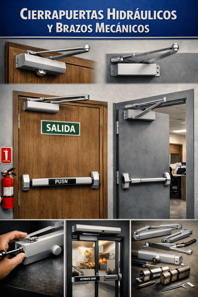Infografía de instalación y ajuste de cierrapuertas hidráulicos y brazos mecánicos en puertas comerciales de madera, metal y cristal.