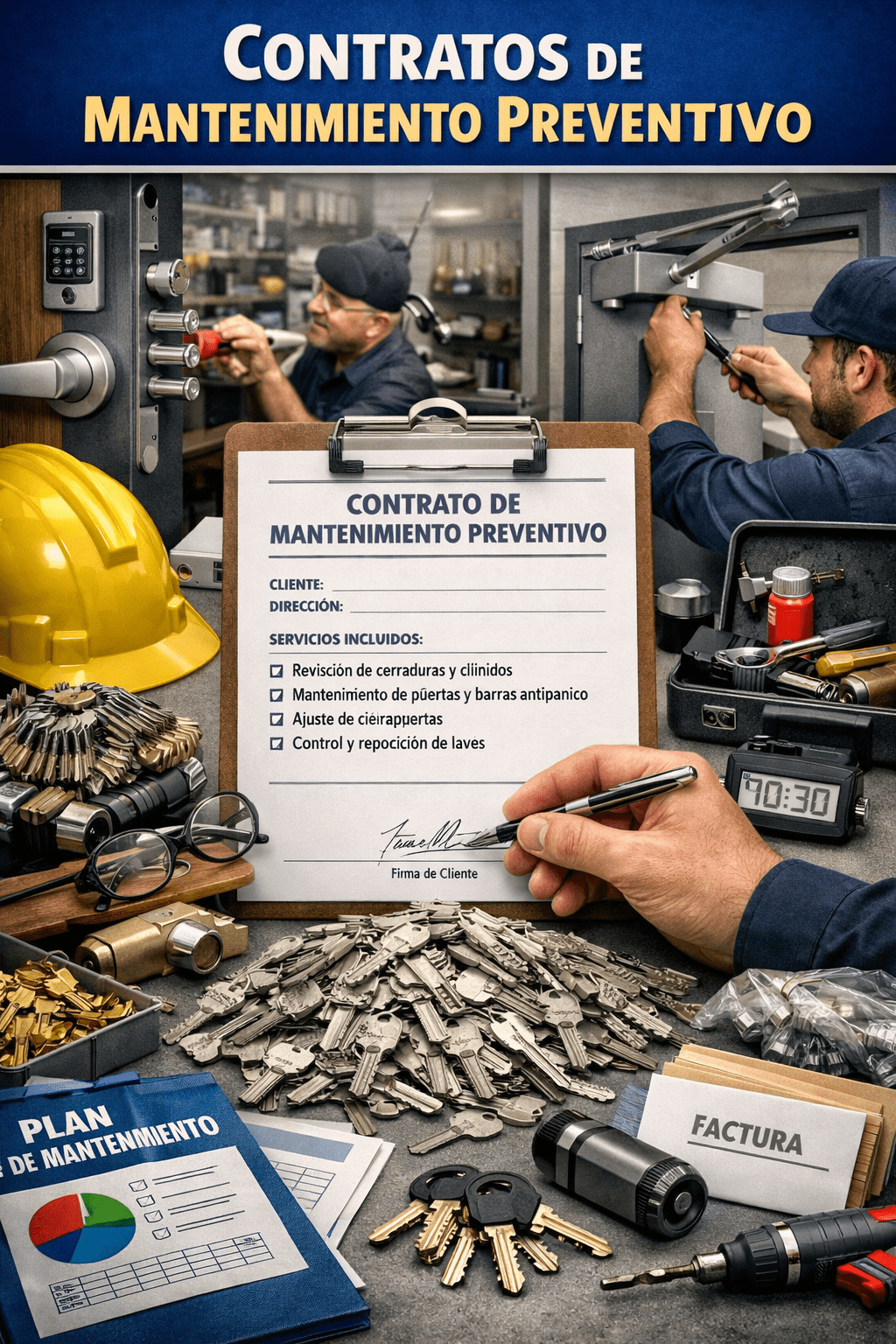Mano firmando un contrato de mantenimiento preventivo de cerrajería, rodeado de llaves, herramientas y técnicos trabajando de fondo.