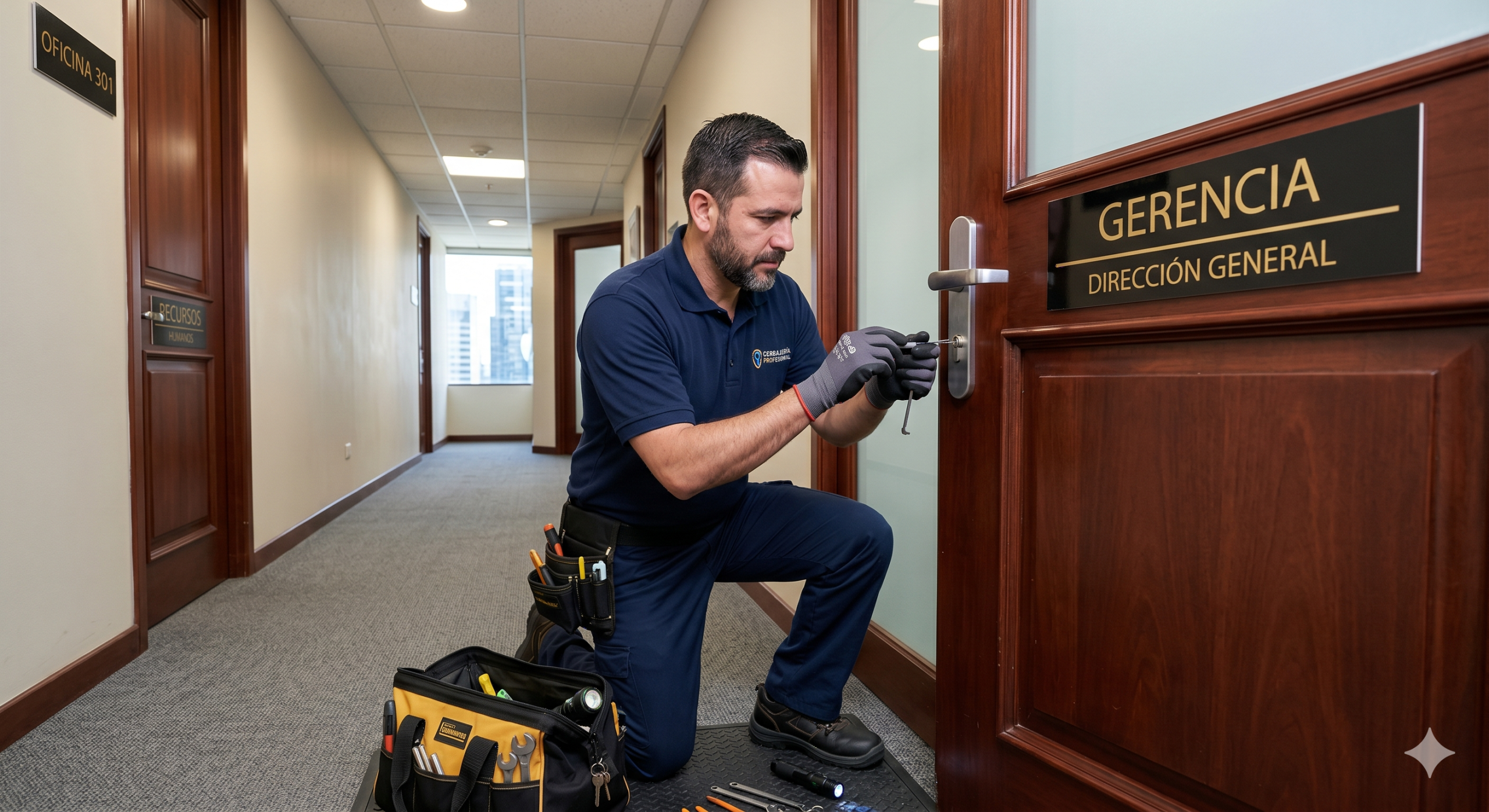Cerrajero profesional uniformado reparando la cerradura de una puerta de oficina corporativa.
