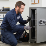 Técnico cerrajero arrodillado inspeccionando el mecanismo de una caja fuerte abierta con una linterna en una oficina.