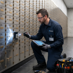 Un técnico de El Veloz de rodillas inspecciona meticulosamente una caja de seguridad abierta (305) con una linterna y una tableta en una gran bóveda bancaria moderna, rodeado de filas numeradas secuencialmente de cajas de seguridad y una puerta de bóveda metálica al fondo.