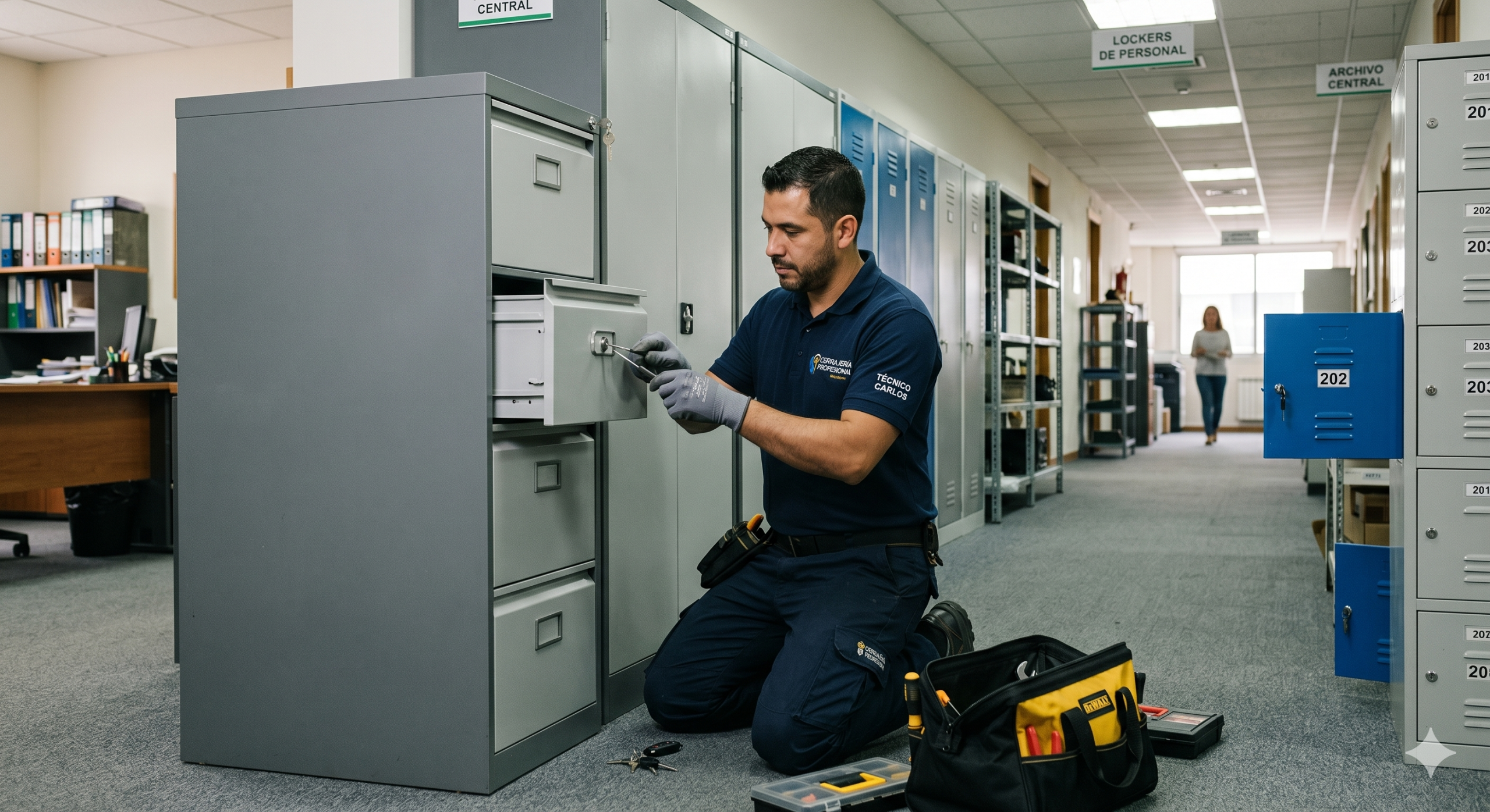 Cerrajero profesional abriendo la cerradura de un archivador metálico de oficina.