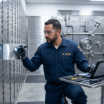 Un cerrajero uniformado de "El veloz" de rodillas inspecciona meticulosamente el interior de una caja de seguridad abierta (201) en una gran bóveda bancaria moderna, utilizando una linterna y una tableta robusta, rodeado de filas numeradas de cajas de seguridad y una gran puerta de bóveda metálica circular al fondo.