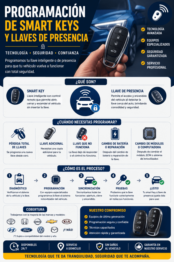 Infografía de servicio de programación de smart keys y llaves de presencia automotrices, detallando cuándo se necesita programar, el proceso técnico y las marcas compatibles de la cerrajería El Veloz.