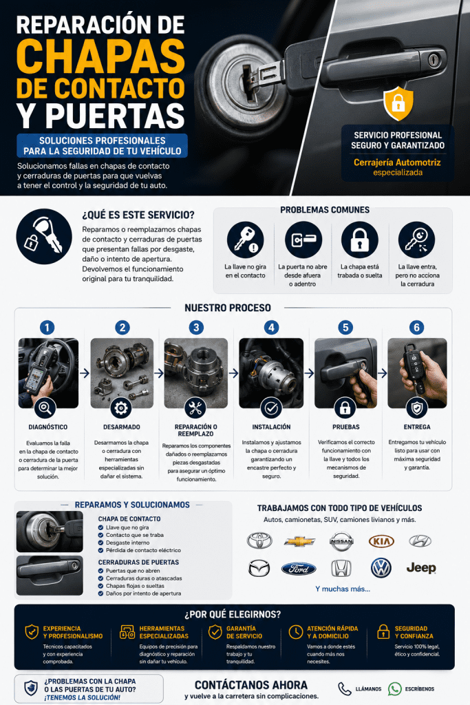 Banner promocional de cerrajería vehicular que explica el proceso de arreglo de cilindros de encendido trabados, reparación de manijas de puertas de autos y mantenimiento de sistemas de cierre forzados.
