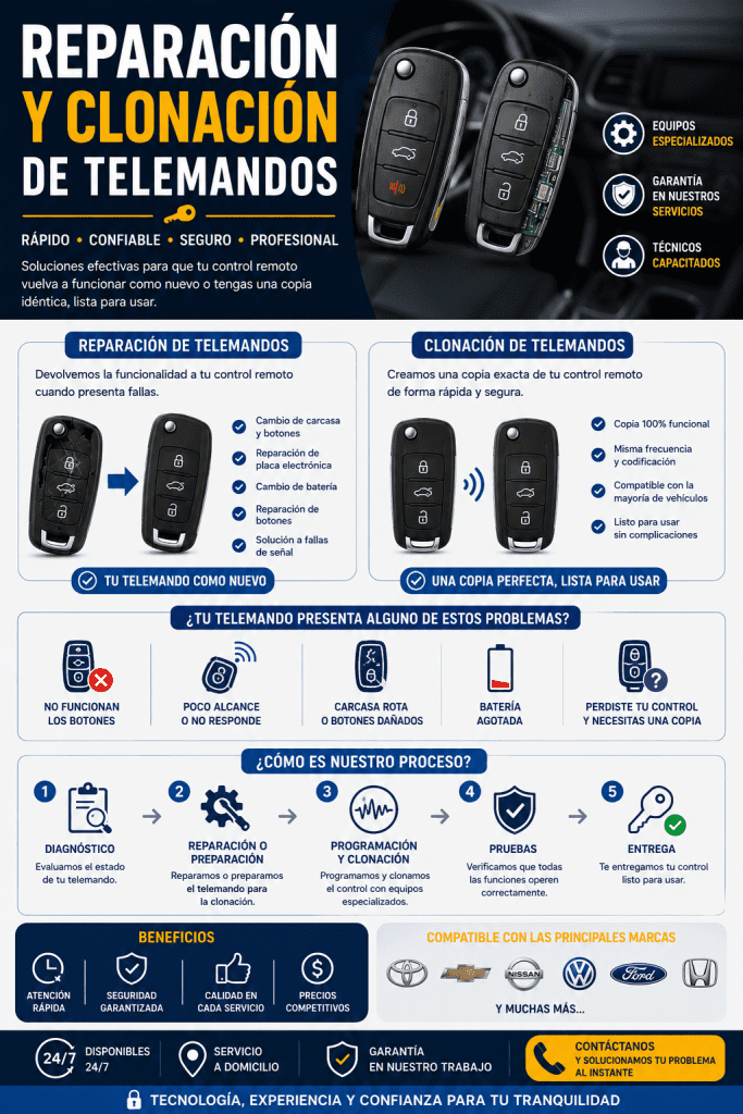 Banner promocional de cerrajería automotriz que explica los servicios de arreglo de circuitos electrónicos de llaves de auto, sustitución de carcasas desgastadas y copias de mandos a distancia.