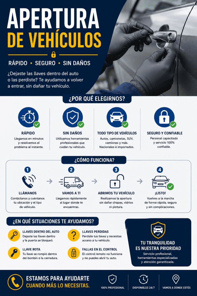 Infografía de servicio de apertura de vehículos rápido, seguro y sin daños de la cerrajería El Veloz, detallando los beneficios y el proceso de atención en 4 pasos.