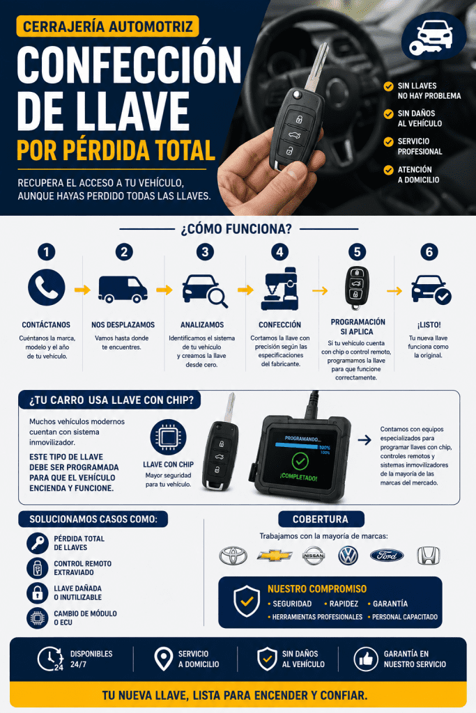 Infografía de servicio de confección de llave por pérdida total para vehículos, detallando el proceso de tallado desde cero, programación de chip y marcas compatibles de la cerrajería El Veloz.