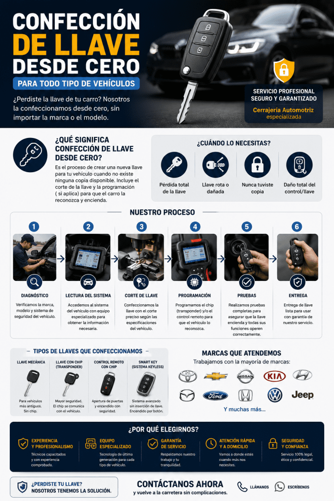 Banner informativo de cerrajería vehicular que explica paso a paso cómo hacer una llave de auto sin duplicado previo, con corte computarizado de espadas y codificación de transponder inmovilizador.