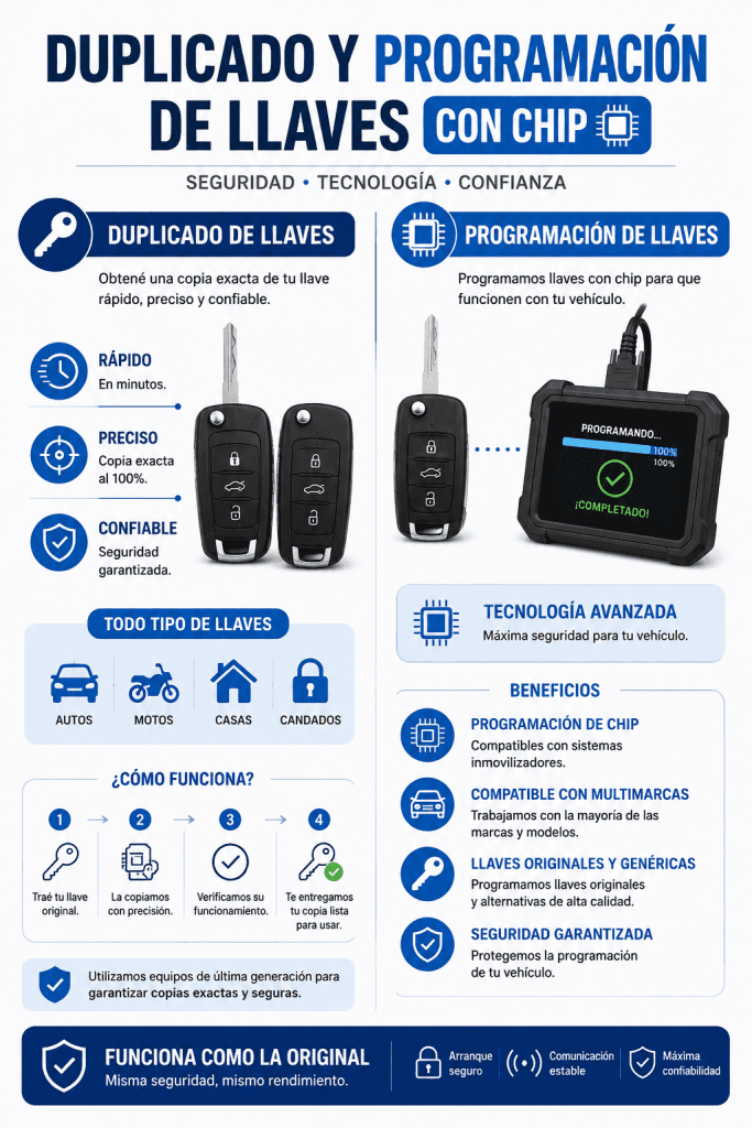 Banner informativo sobre cerrajería automotriz que detalla el proceso de clonación, tallado y codificación de llaves inteligentes y mandos a distancia.